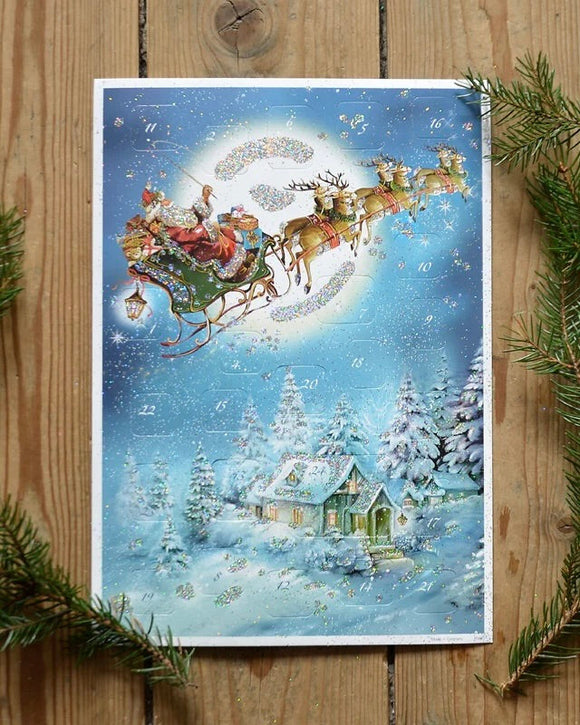 Glittrig gammeldags adventskalender - Tomte med släde DessinDesign