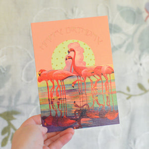 Pink Flamingo Sunset, Birthday Card